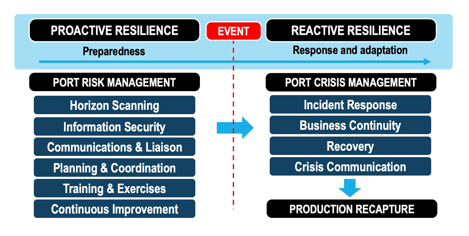 Proactive and reactive approaches to port risk mitigation and resilience-building